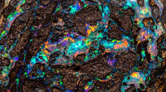 Close-up macro photography featuring a stunning natural black opal gemstone displaying vibrant iridescent fire play colors scattered within dark rocky volcanic matrix textures for luxury jewelry