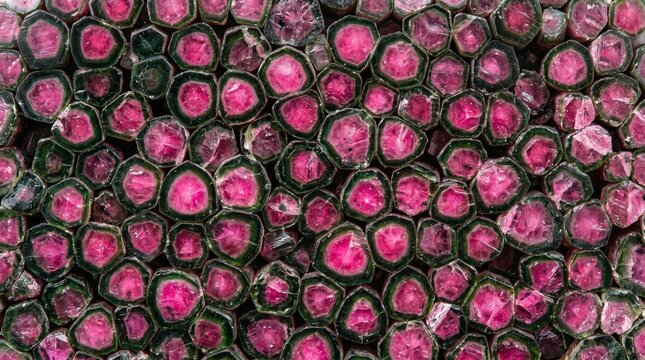 Watermelon tourmaline crystal cluster texture, Vibrant pink and silver objects densely packed in cylindrical containers fill the entire frame with no visible background in a close-up detailed view.