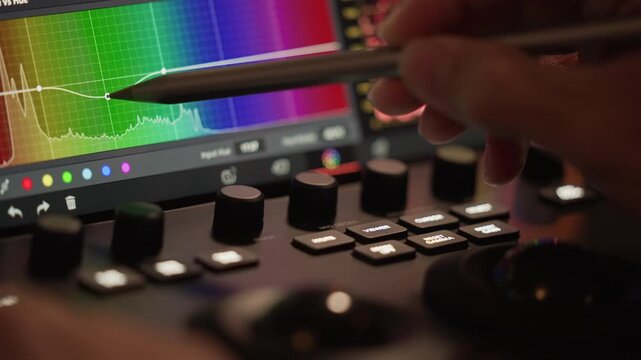 Close up of professional colorist using stylus pen to adjust green line on Hue vs Hue color curves screen in warm cinematic studio workspace
