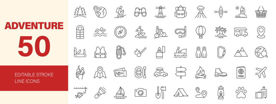 Adventure icon set. Editable line icons. Vector illustration.