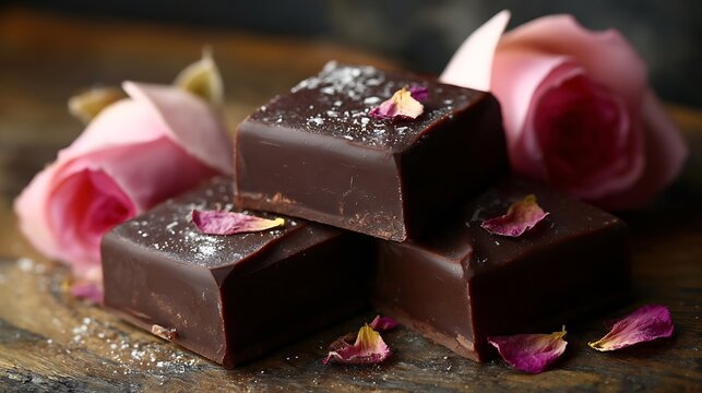 Dark Chocolate with Rose Petals on Rustic Wooden Table Luxury Gourmet Dessert Romantic Food Close Up