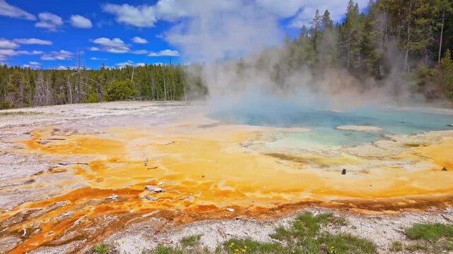 Steaming geothermal features line the shore of Yellowstone Lake in Yellowstone National Park