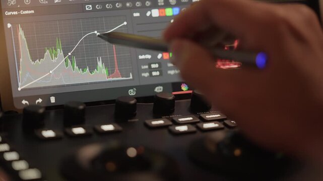 Extreme close up rack focus shifting from hand to stylus pen tip adjusting color curves graph on tablet