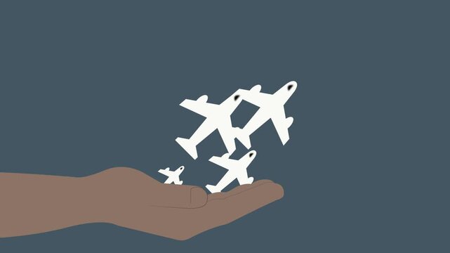 Hand Holding White Airplanes Animation, Travel Agency Concept, Global Aviation and Transportation Industry, Business Logistics, Flight Booking and Vacation Planning, 4K Motion Graphics, Flat Style