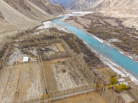 Aerial view of the Ghawari valley with a turquoise river flowing through arid mountains, agricultural fields, and rows of poplar trees in Ghawari, Gilgit Baltistan, Pakistan.