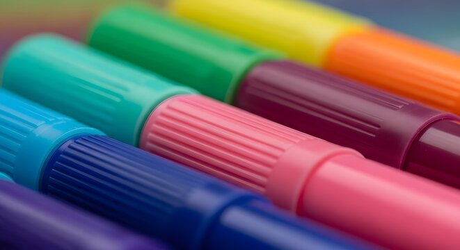 Closeup of colorful marker caps arranged in a row