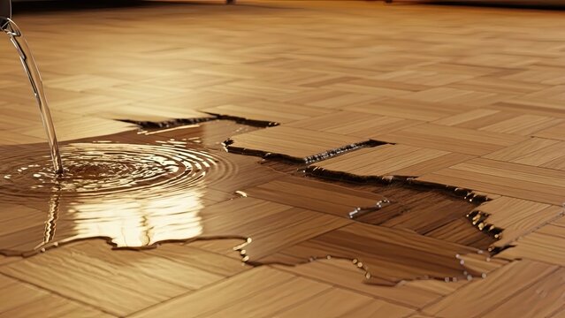 Water leaking and pooling on a wooden parquet floor.