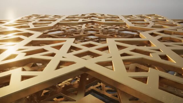 Close up view of a golden geometric Islamic pattern with intricate tessellations, golden arabesque architectural element, luxurious ornate structure, detailed ornamental background