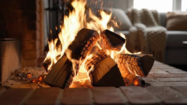 Warm crackling fireplace with glowing embers and bright orange flames, cozy home interior, comfort and relaxation, winter evening