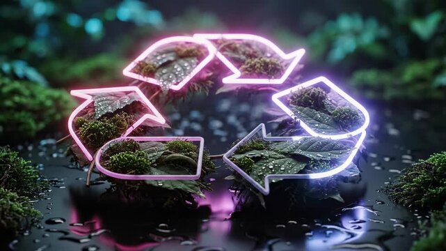 glowing neon recycling symbol integrated with lush green leaves and moss, wet surface, nature conservation concept