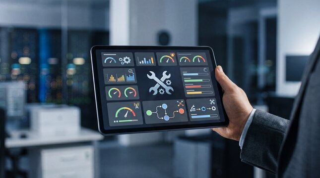Business hand holding tablet with IT support dashboard, wrench icons