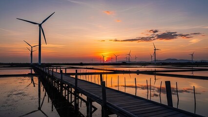 Obraz premium Windmills silhouette at sunset over salt evaporation ponds.