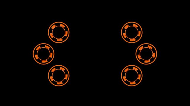 Abstract orange poker chips rotating clockwise on black background video.