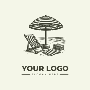 Vintage style beach logo featuring a striped umbrella and deck chair on the sand.
