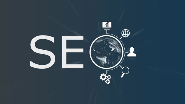 SEO Search Engine Optimization concept animation with white text and icons including globe, gear, chart, and magnifying glass over dark blue background for digital marketing and business strategy.