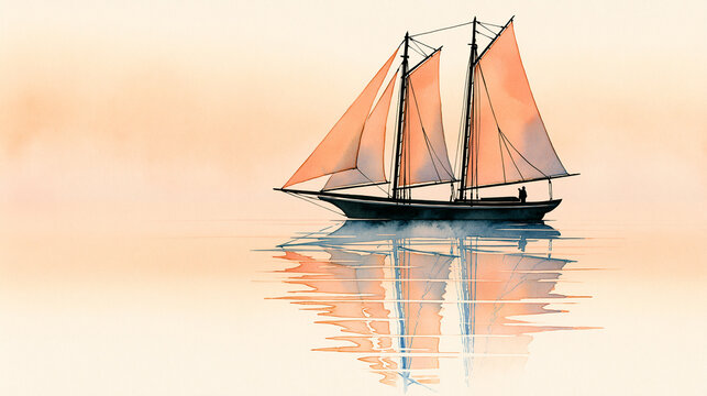 A serene watercolor painting of a two-masted sailboat with orange sails gliding on calm waters, reflecting softly beneath a gentle peach sky.