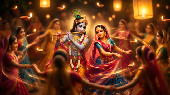 Radha Krishna Raas Leela illustration featuring Krishna playing the flute while dancing with Radha and the Gopi beneath a starry night sky, ideal for devotional posters, wallpapers, greeting card