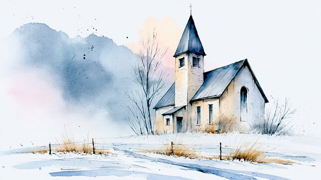 A serene watercolor painting of a small church with a steeple, surrounded by bare trees and a snowy landscape, under a soft, cloudy sky.