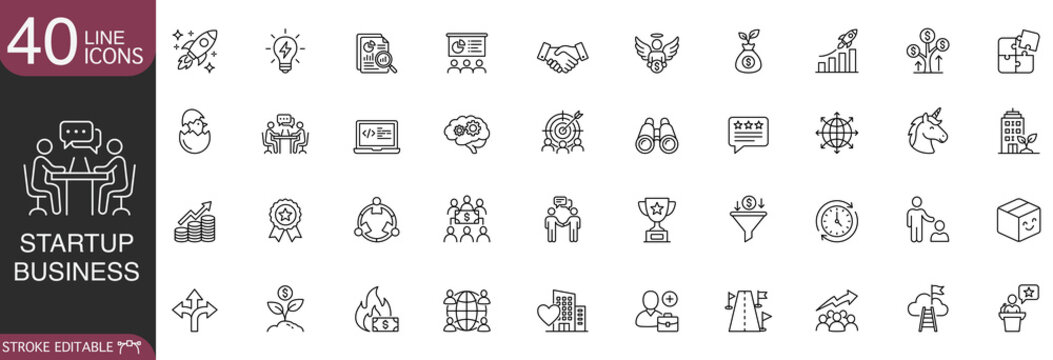 Startup business line icon vector set featuring entrepreneurship, new venture launch, investment, and corporate strategy concepts with editable stroke.