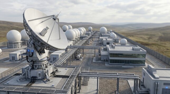 Massive satellite internet ground terminal base station 3D illustration with copy space
