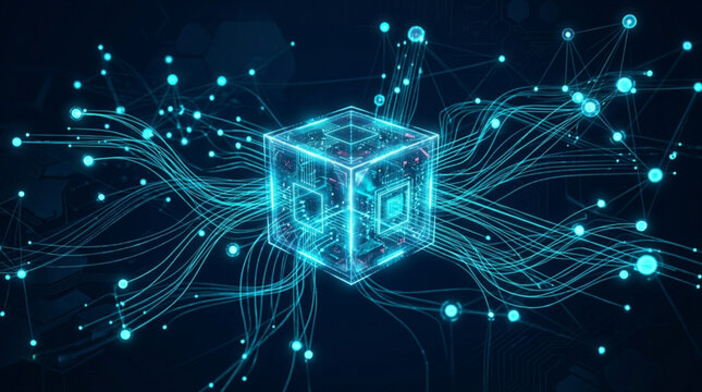 Futuristic AI digital cube with glowing neon lines and abstract neural data streams background