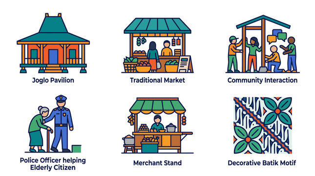 Indonesian culture and community life vector icon set, featuring joglo house, traditional market, social interaction, public service, merchant stand, and decorative batik motif