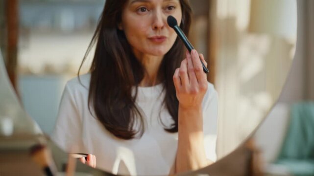 Woman hands applying compact powder to face checking mirror reflection closeup.