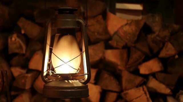 Vintage lantern with a warm glowing light in front of stacked firewood
