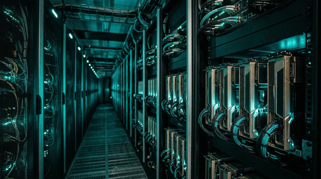 Perspective view of GPU servers inside a high density data center, ideal for AI computing, cloud infrastructure, machine learning and enterprise technology concepts.