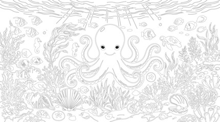 Underwater ocean scene with cute octopus and coral reef for artistic coloring book. © Mosharof