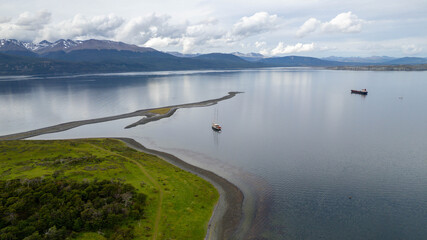Aerial view of a sailboat anchored in Beagle Channel  Argentina © Enzo