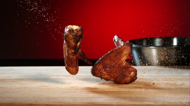 Delicious seasoned chicken wings falling in slow motion onto a wooden kitchen cutting board with red background