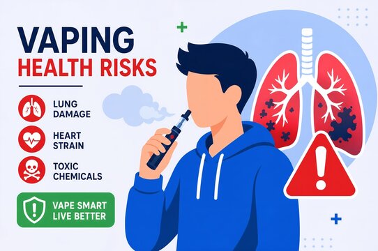 Male figure illustrating vaping health risks with lungs and icons for awareness.