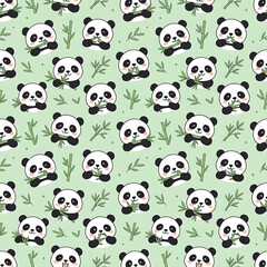 Naklejka premium Cute Panda Seamless Pattern on Green Background, Adorable Cartoon Bear Repeating Texture with Bamboo for Kids Fabric, Wallpaper, Wrapping Paper and Nursery Design