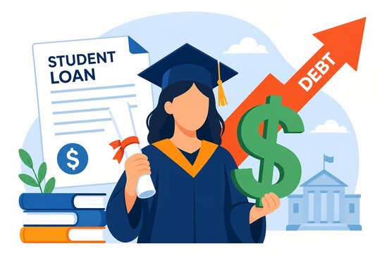 Female student in graduation attire holding diploma and dollar sign, illustrating student debt.