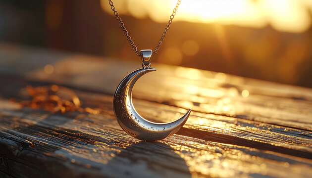 Elegant silver crescent moon pendant necklace on a wooden surface