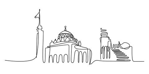 Mosque and minaret line art, islamic architecture silhouette © Bobita