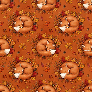 Cute Sleeping Fox Seamless Pattern with Autumn Leaves on Warm Rustic Orange Background