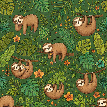 Seamless Sloth Pattern with Tropical Jungle Leaves and Flowers, Cute Wildlife Illustration on Green Background for Textile, Wallpaper and Nature-Themed Design