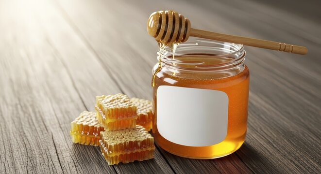 Honey jar with honeycomb and dipper.