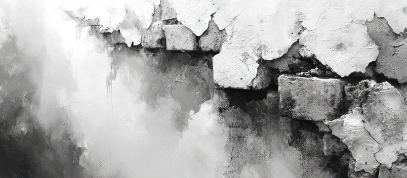 A high-contrast black and white shot of an aged brick wall with peeling plaster