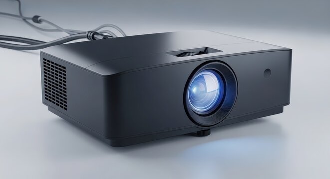 Black projector with blue light on.