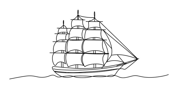 Old sailing ship with full sails on the sea, line art drawing