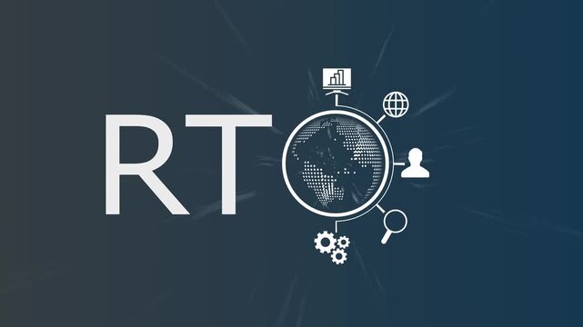 Global Business Solutions and Real-Time Data Analytics Concept: Digital World Globe with RTO Typography, Gears, Magnifying Glass, Network and Growth Icons on Professional Blue Background for Fintech