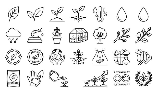 Environmental Plant Growth Line Icons with Leaf Water Drop Humidity and Gardening Elements