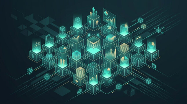 3D isometric digital technology city with data server blocks and glowing neon network lines
