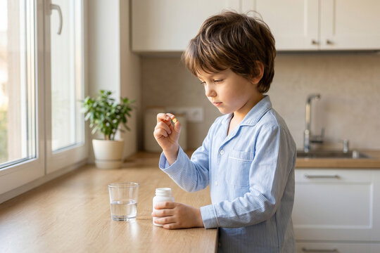 Young Boy Taking Vitamin Supplement in Kitchen Morning Routine