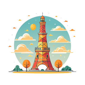 Flat illustration of Eiffel Tower with sky and trees