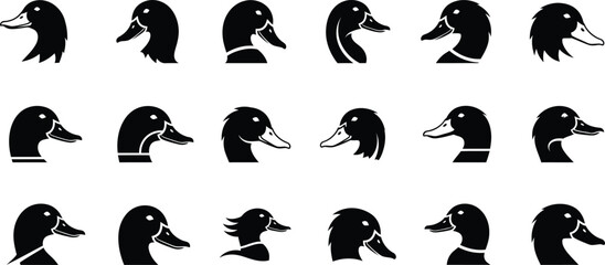 Fototapeta premium Duck head silhouette icons set featuring various profiles and styles silhouette wildlife isolated