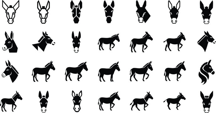 Donkey icon and silhouette set featuring diverse poses and head portraits silhouette collection